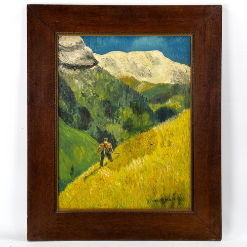 1778 - K Athol-Whyte, oil on board, harvest scene Jungfrau, signed, 47cm x 36cm, framed