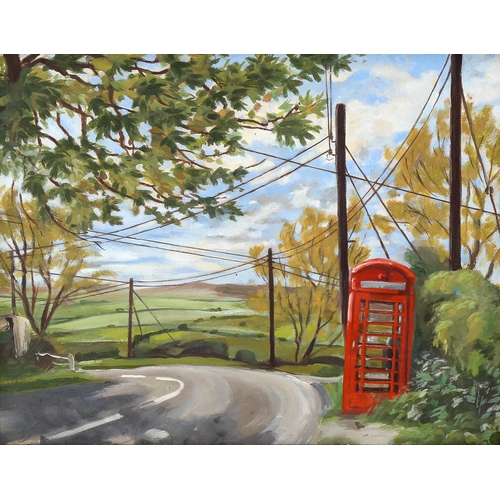 1783 - John James, oil on board, red telephone box, inscribed verso with date 1982, 19cm x 25cm, framed