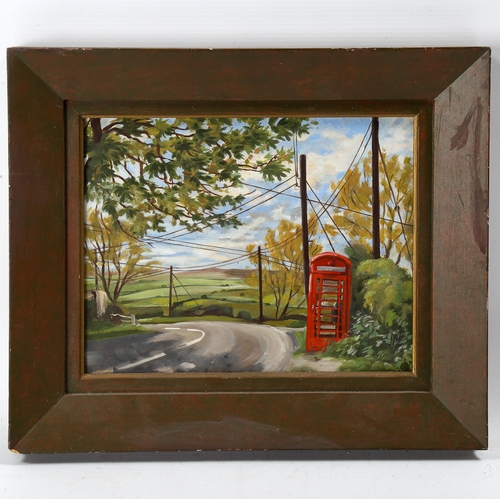 1783 - John James, oil on board, red telephone box, inscribed verso with date 1982, 19cm x 25cm, framed