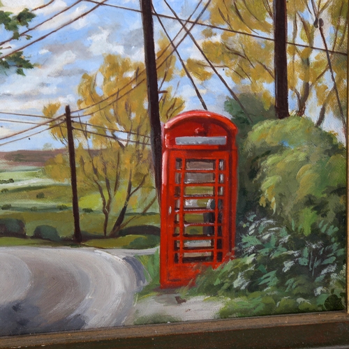 1783 - John James, oil on board, red telephone box, inscribed verso with date 1982, 19cm x 25cm, framed