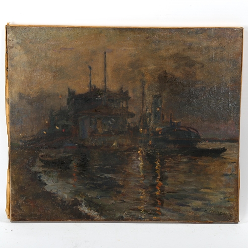 1800 - Early 20th century oil on canvas, moonlit harbour scene, indistinctly signed, 46cm x 55cm, unframed