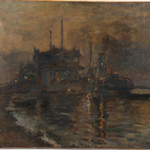 1800 - Early 20th century oil on canvas, moonlit harbour scene, indistinctly signed, 46cm x 55cm, unframed