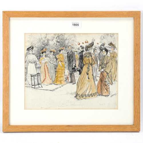 1805 - Douglass Macpherson (1871 - 1951), ink and watercolour, garden party with President Roosevelt and hi... 