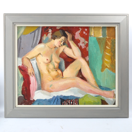 1811 - Bloomsbury School, early to mid-20th century oil on board, reclining nude, unsigned, 60cm x 75cm, fr... 