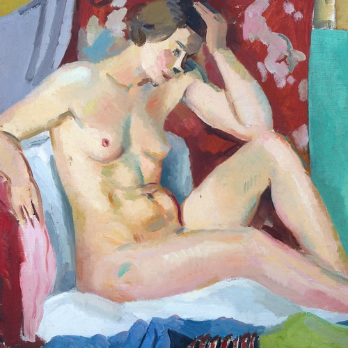 1811 - Bloomsbury School, early to mid-20th century oil on board, reclining nude, unsigned, 60cm x 75cm, fr... 