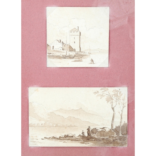 1812 - Circle of Francesco Guardi, 2 sepia watercolour Italian views, circa 1800, mounted in single frame, ... 