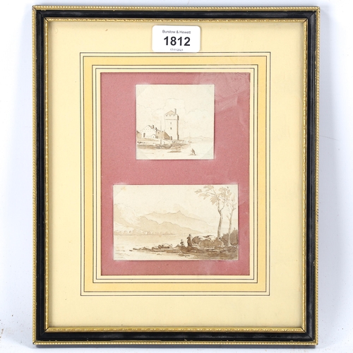 1812 - Circle of Francesco Guardi, 2 sepia watercolour Italian views, circa 1800, mounted in single frame, ... 