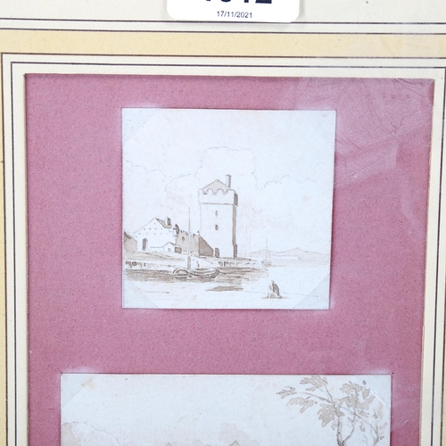 1812 - Circle of Francesco Guardi, 2 sepia watercolour Italian views, circa 1800, mounted in single frame, ... 