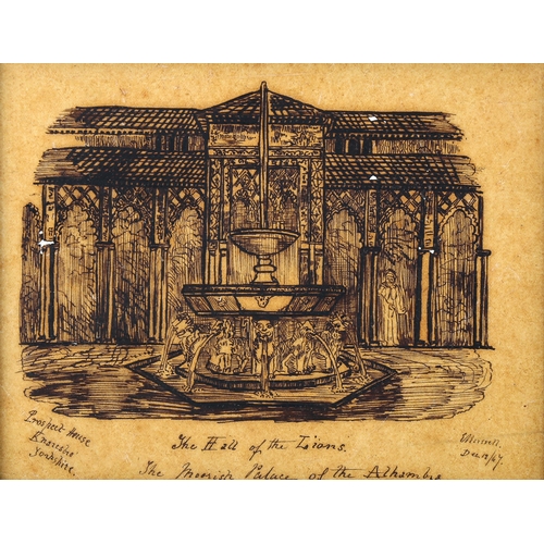 1813 - Ink drawing, study of the Palace of Alhambra, dated 1867, 15cm x 18cm, framed