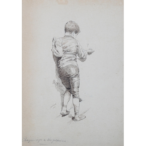 1814 - 19th century pen and ink study of a boy, indistinctly signed, 26cm x 17cm, framed