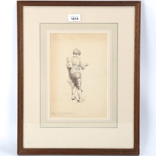 1814 - 19th century pen and ink study of a boy, indistinctly signed, 26cm x 17cm, framed