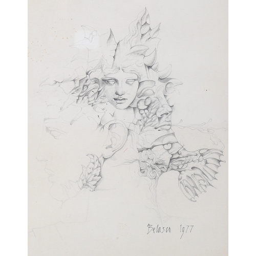 1821 - Albert Belasco (born 1935), pencil drawing, surrealist, signed and dated 1977, 29cm x 23cm, framed