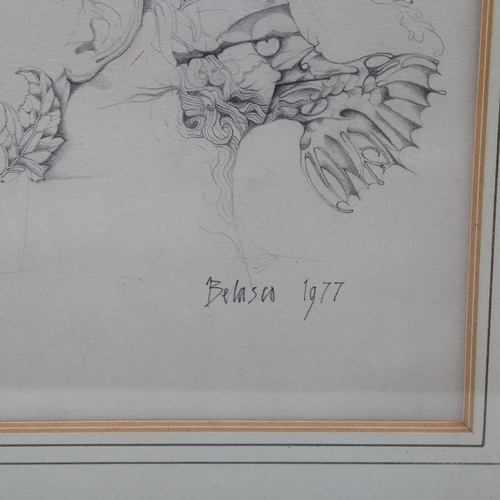 1821 - Albert Belasco (born 1935), pencil drawing, surrealist, signed and dated 1977, 29cm x 23cm, framed