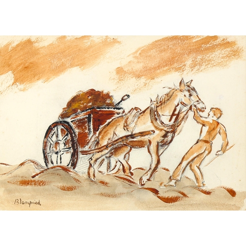 1822 - Blampied, watercolour, farm cart, signed, 18cm x 25cm, framed