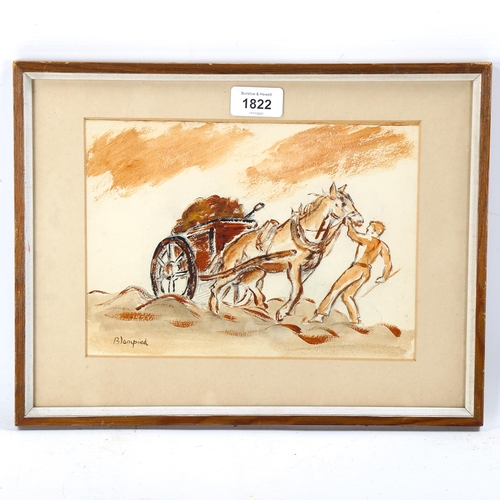 1822 - Blampied, watercolour, farm cart, signed, 18cm x 25cm, framed