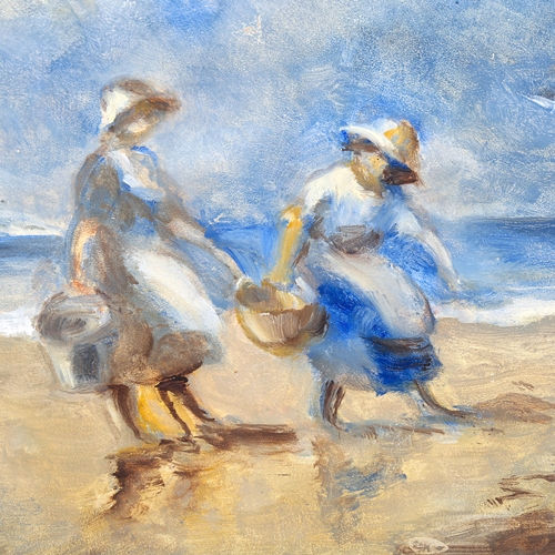 1824 - M J Rendell, 2 oils on board, impressionist beach scenes, signed, 20cm x 26cm, unframed