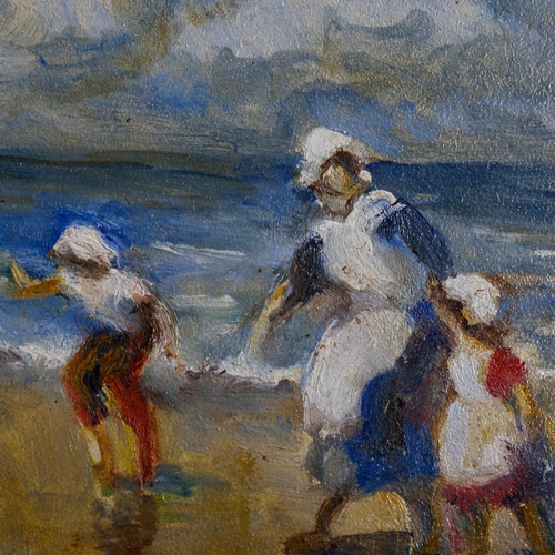 1824 - M J Rendell, 2 oils on board, impressionist beach scenes, signed, 20cm x 26cm, unframed