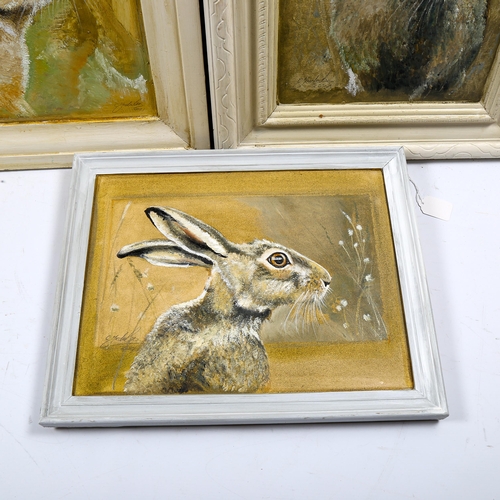 1828 - Clive Fredriksson, 3 oils on board, study of hares, framed (3)