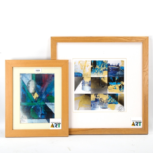 1838 - Keith Waller, 2 mixed media abstracts, Studio stamps, largest 28cm x 28cm, framed (2)