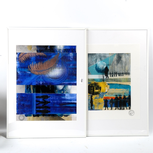 1840 - Keith Waller, 2 mixed media abstract compositions, Studio stamps, largest 39cm x 49cm, framed (2)