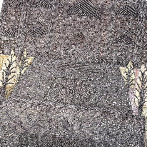 1264 - A fine antique gold and silver thread embroidery of the Taj Mahal, Agra, width 45cm