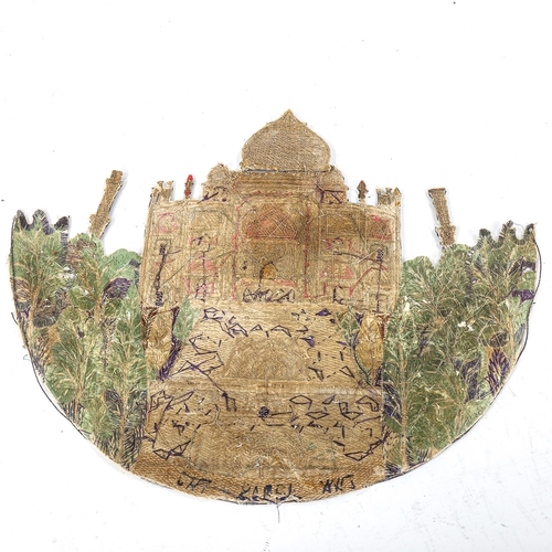 1264 - A fine antique gold and silver thread embroidery of the Taj Mahal, Agra, width 45cm