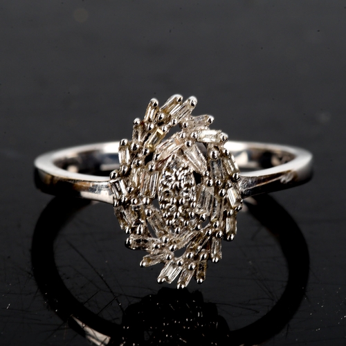 513 - A modern 9ct white gold diamond marquise cluster ring, set with baguette and single-cut diamonds, to... 