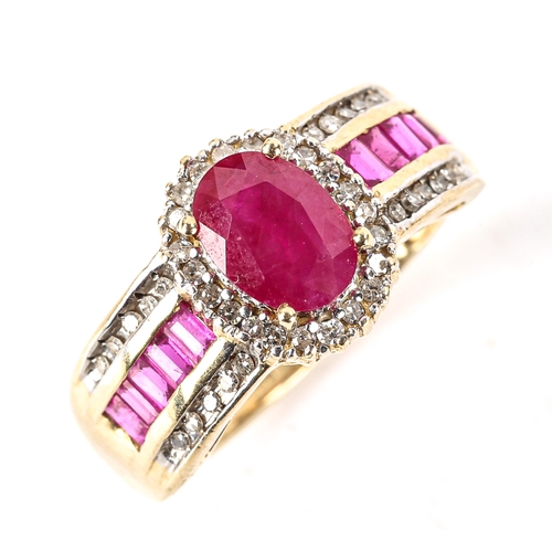 514 - A modern 9ct gold ruby and diamond cluster ring, set with oval and baguette-cut rubies with single-c... 