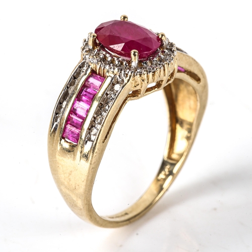 514 - A modern 9ct gold ruby and diamond cluster ring, set with oval and baguette-cut rubies with single-c... 