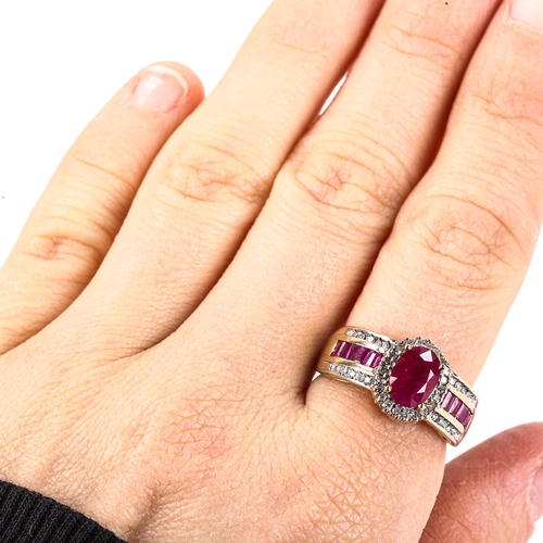 514 - A modern 9ct gold ruby and diamond cluster ring, set with oval and baguette-cut rubies with single-c... 