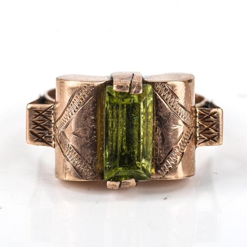 515 - A Continental peridot bombe ring, circa 1940s, unmarked gold settings with rectangular-cut peridot, ... 