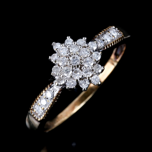 525 - A modern 9ct gold diamond cluster ring, set with single-cut diamonds, total diamond content approx 0... 