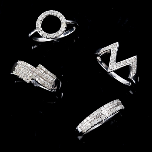 539 - 4 modern silver diamond rings, all size N, 11g total (4)