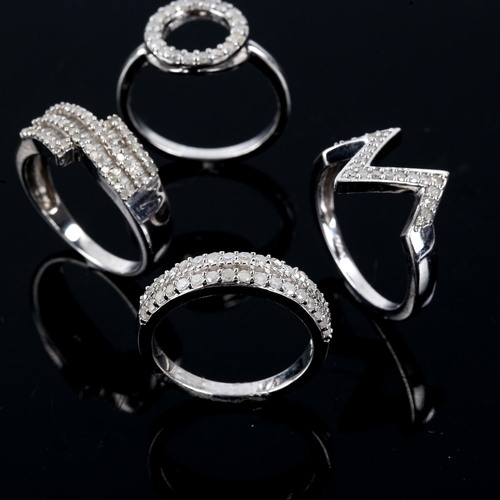 539 - 4 modern silver diamond rings, all size N, 11g total (4)