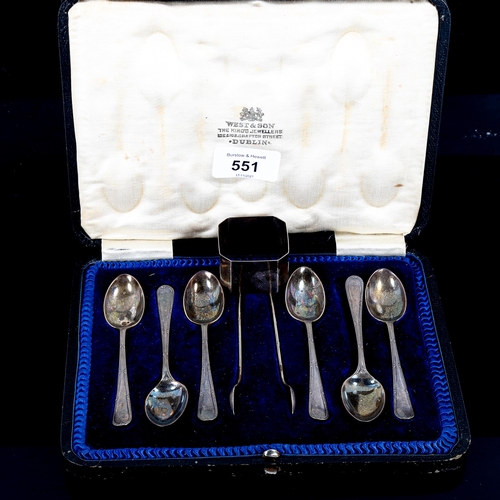 551 - A cased set of silver teaspoons and sugar tongs, and a silver napkin ring, 4oz total