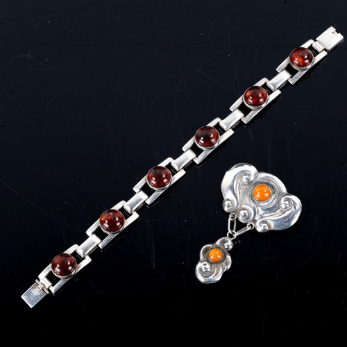 556 - NIELS ERIK FROM - a Vintage Danish sterling silver and amber panel bracelet, and an unnamed silver a... 