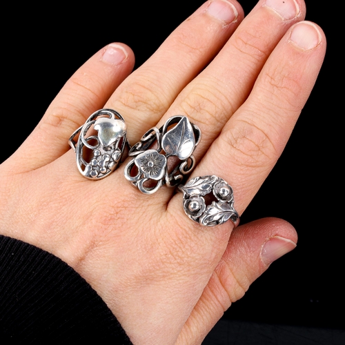 563 - 3 Vintage Danish stylised silver rings, largest setting height 25.6mm, sizes M, O and Q, 11.2g total... 