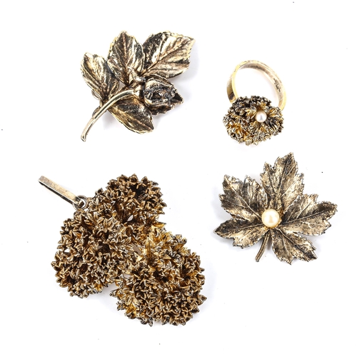 564 - FLORA DANICA - a group of Danish vermeil sterling silver floral jewellery, comprising 2 pendants, br... 