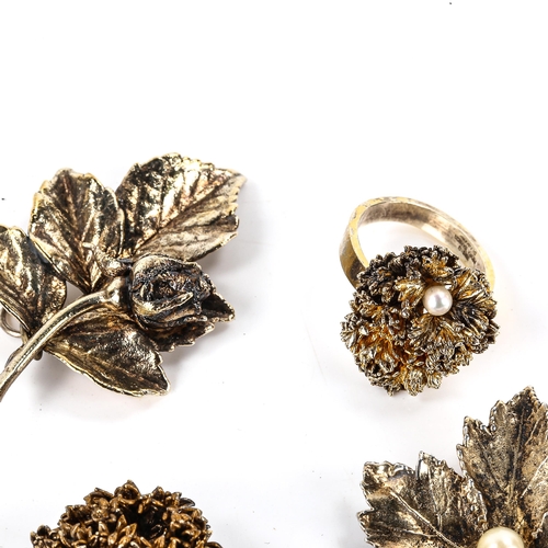 564 - FLORA DANICA - a group of Danish vermeil sterling silver floral jewellery, comprising 2 pendants, br... 