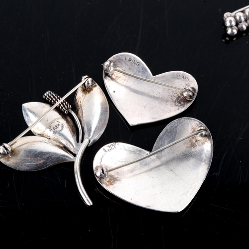 568 - 6 Vintage Danish silver brooches, including graduated hearts by A Ring, largest heart width 41mm, 30... 