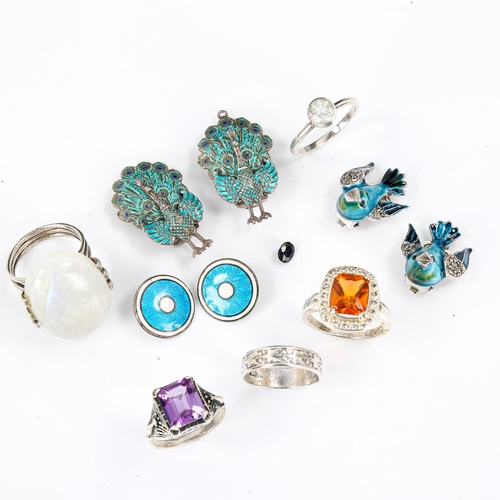 571 - Various silver jewellery, including Siam enamel peacock clip-on earrings, enamel buttons, rings etc