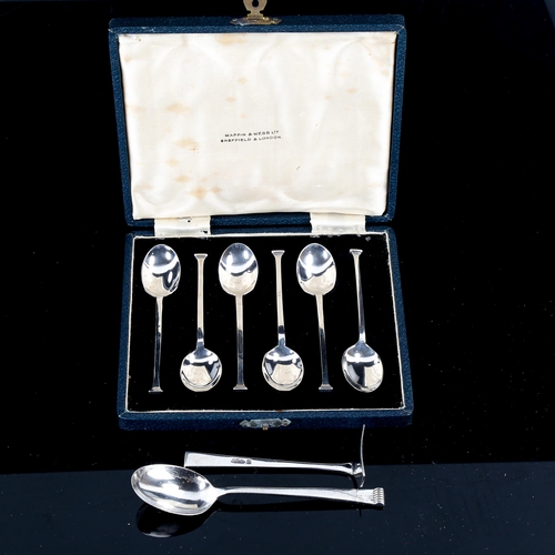 573 - A cased set of silver teaspoons by Mappin & Webb, and a cased silver baby food pusher set (2)