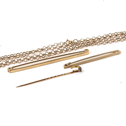 576 - Various gold jewellery, comprising 9ct, 10.5g, and 15ct horseshoe stickpin, 1g