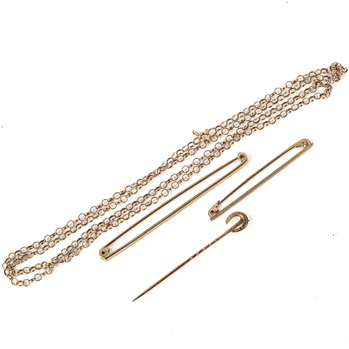 576 - Various gold jewellery, comprising 9ct, 10.5g, and 15ct horseshoe stickpin, 1g