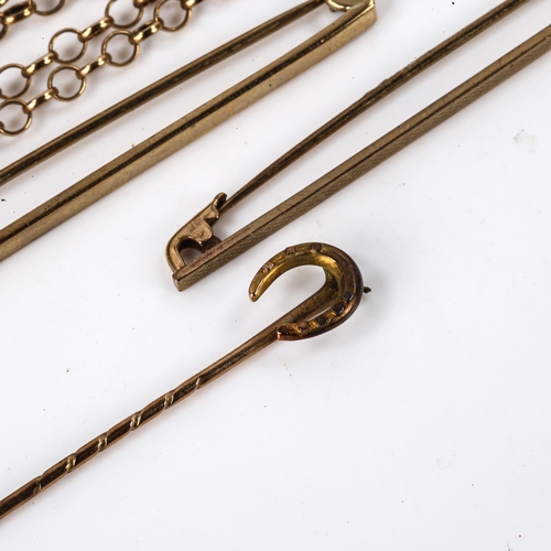 576 - Various gold jewellery, comprising 9ct, 10.5g, and 15ct horseshoe stickpin, 1g