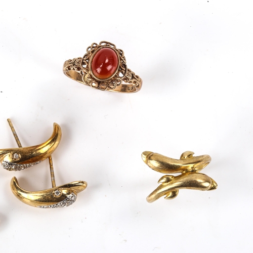 577 - Various jewellery, comprising 14ct dolphin ring, 2.6g, 9ct carnelian ring, 2.8g, pair of 9ct ball ea... 