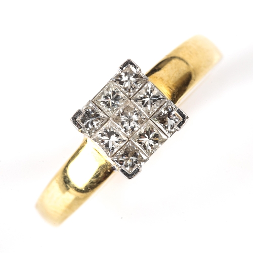 595 - An 18ct gold diamond square cluster ring, set with Princess-cut diamonds, total diamond content appr... 