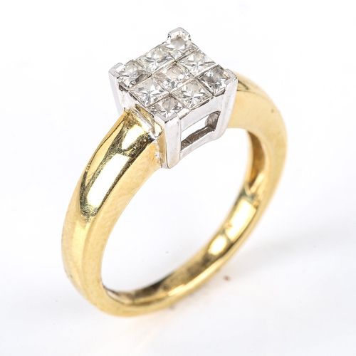 595 - An 18ct gold diamond square cluster ring, set with Princess-cut diamonds, total diamond content appr... 