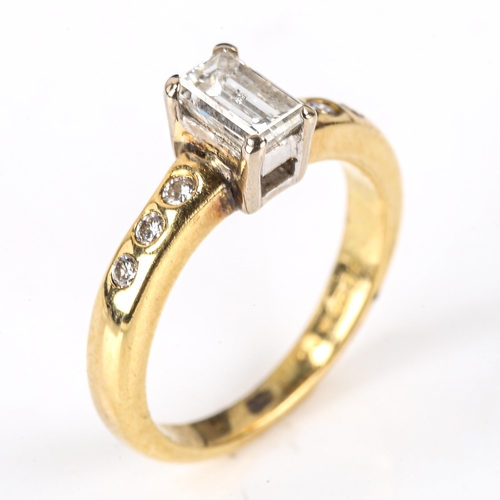 602 - An 18ct gold solitaire diamond ring, set with rectangular step-cut diamond and modern round brillian... 