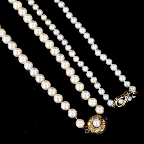 605 - 2 single-row cultured pearl necklaces, comprising example with 18ct clasp, and example with 9ct clas... 